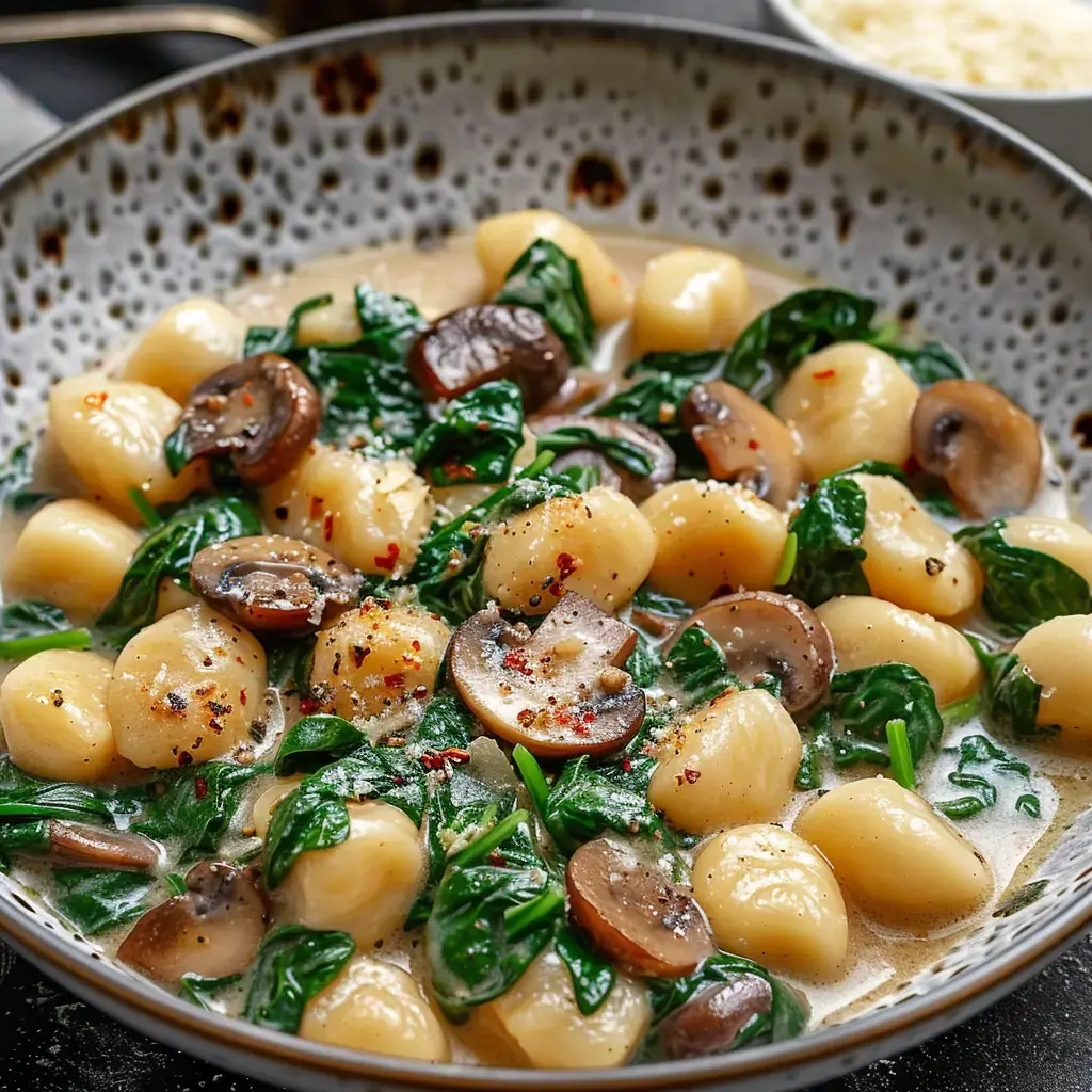 Un délicieux plat de gnocchis nappés de sauce aux champignons et épinards, parsemé de poivre et piment.