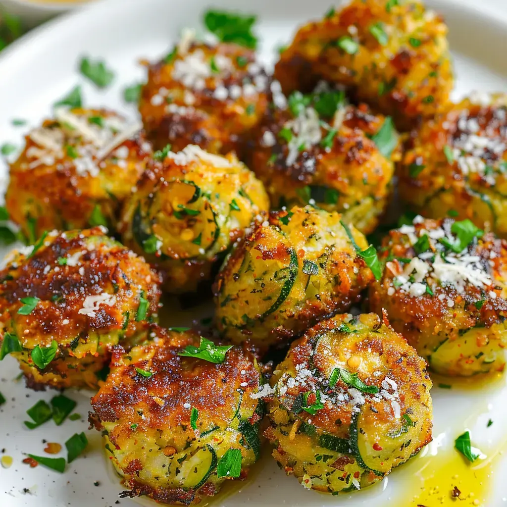 Des boulettes moelleuses dorées aux courgettes fraîches, parsemmées de fromage et de persil sur une assiette.
