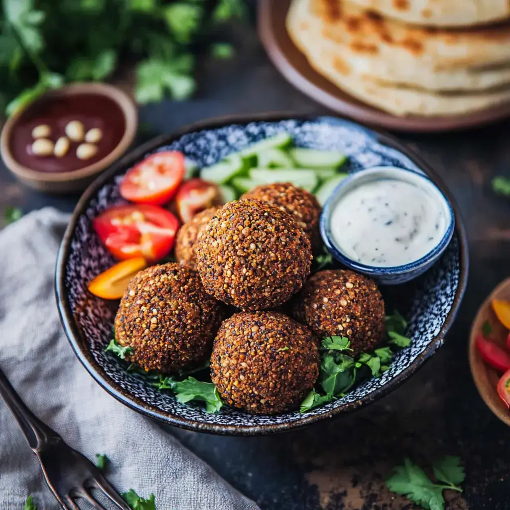 Un bol rempli de délicieux falafels dorés, accompagné de légumes croquants et de sauces savoureuses.