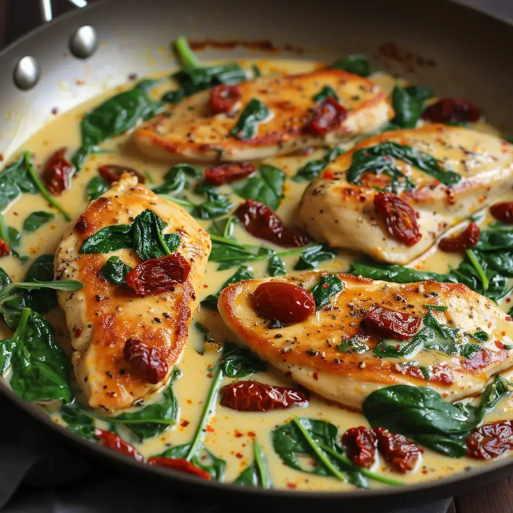 Morceaux de poulet dans une sauce crémeuse avec épinards et tomates séchées, servis dans une poêle.