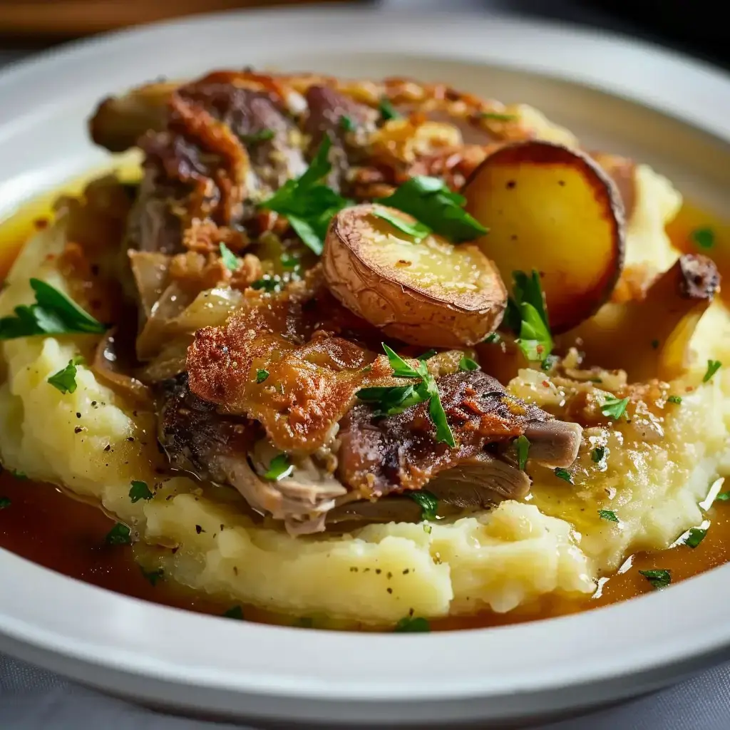 Un plat réconfortant à base de purée crémeuse et de confit de canard tendre, décoré de persil frais pour une touche de couleur.