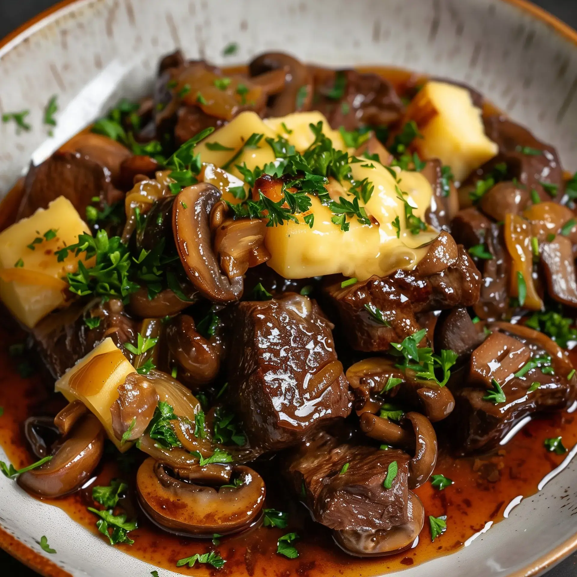 Mijoté de bœuf savoureux avec champignons et fromage fondu, garni de persil frais.