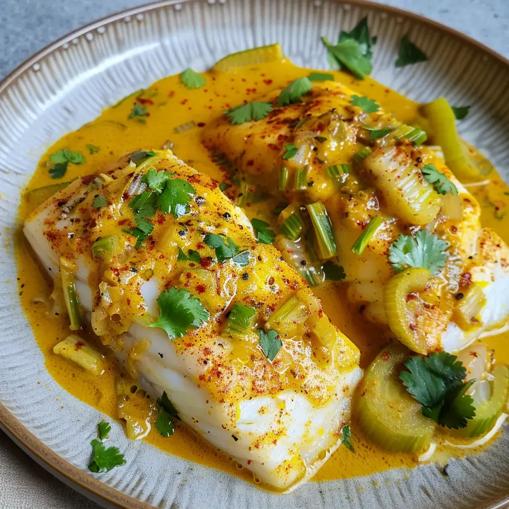 Cabillaud servi dans une sauce épicée jaune, garni de coriandre et de légumes frais.