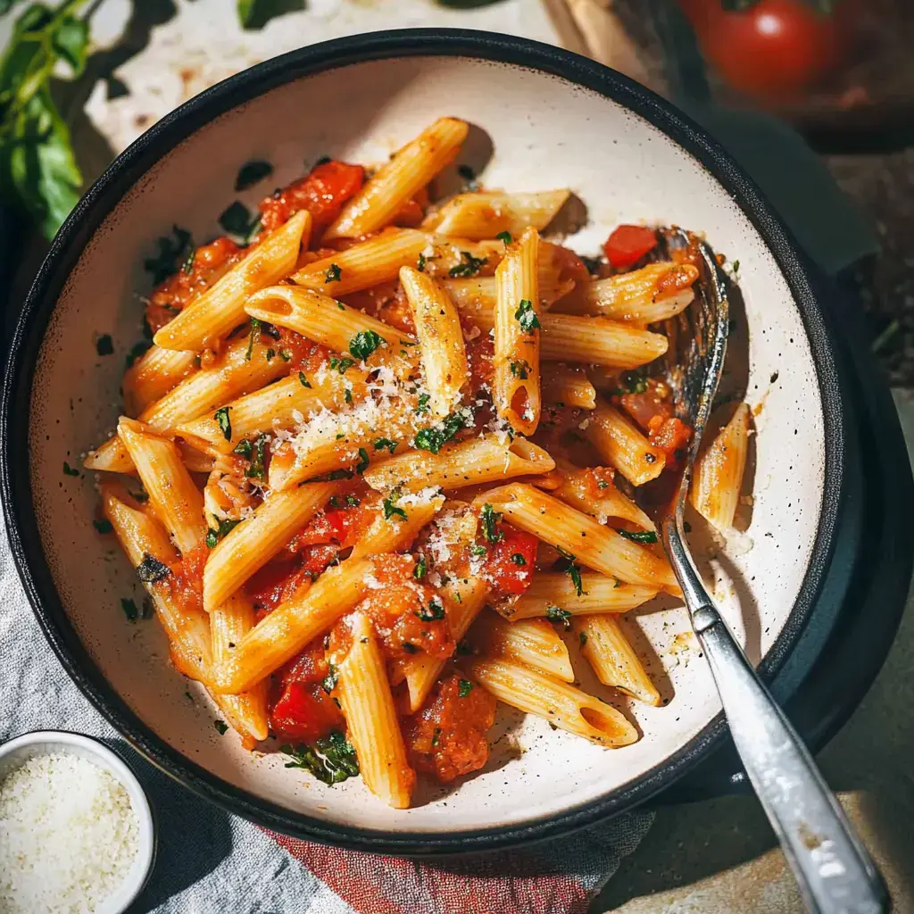 Délicieuses pâtes penne dans une sauce tomate épicée, ornées de parmesan et de persil.