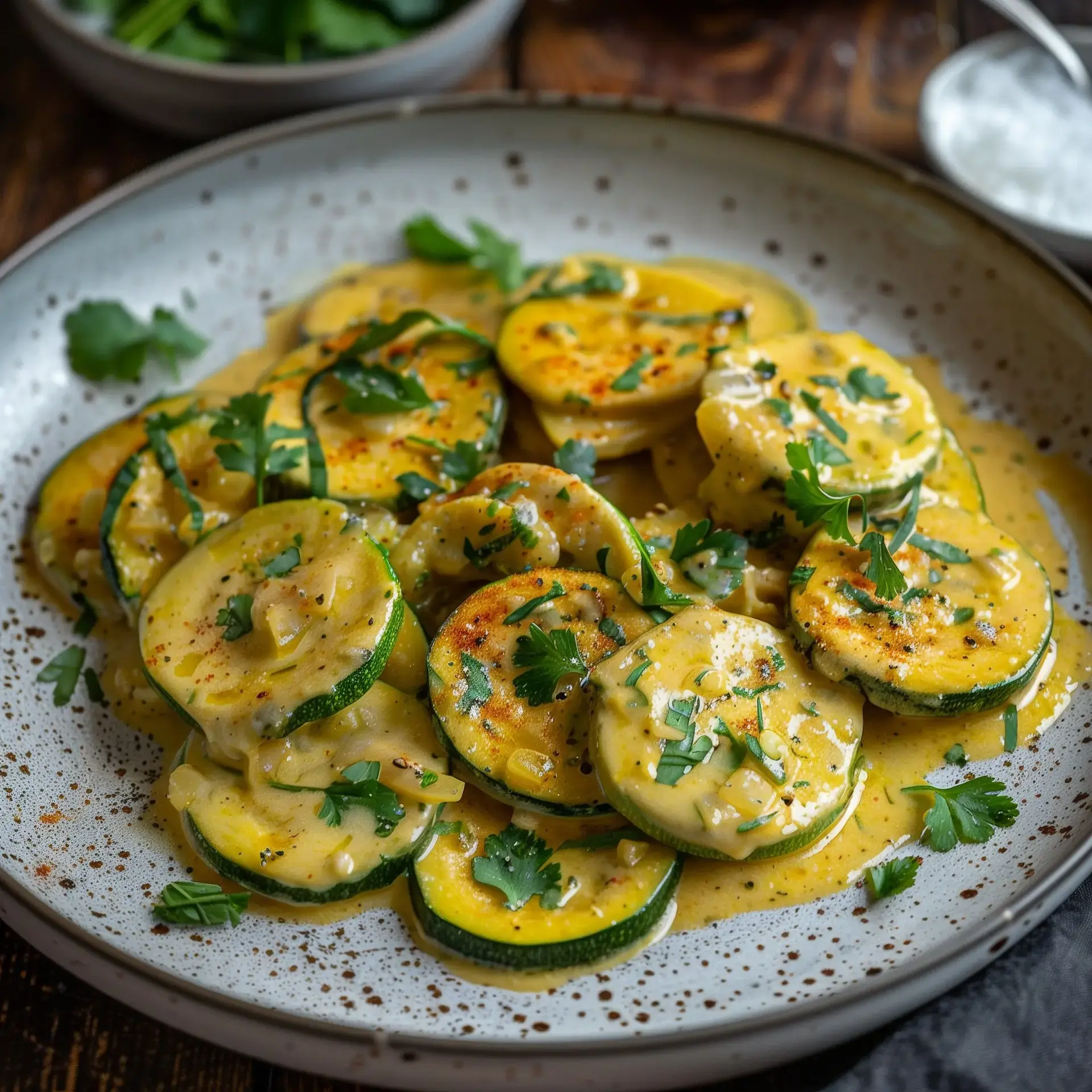 Des courgettes en tranches baignées dans une sauce parfumée au curry et coco, décorées avec de la coriandre.