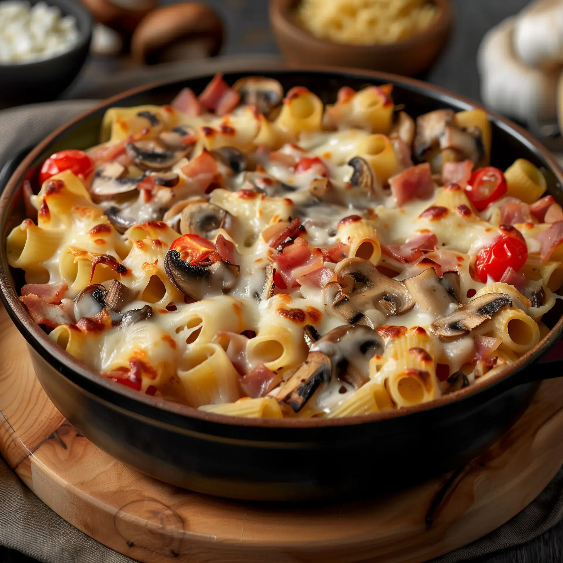 Plat gratiné avec fromage fondant, lardons dorés et champignons, servi dans une assiette noire.