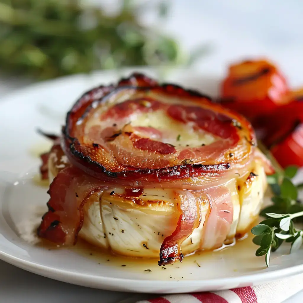 Un camembert rôti entouré de bacon est disposé avec des herbes fraîches et des légumes grillés.