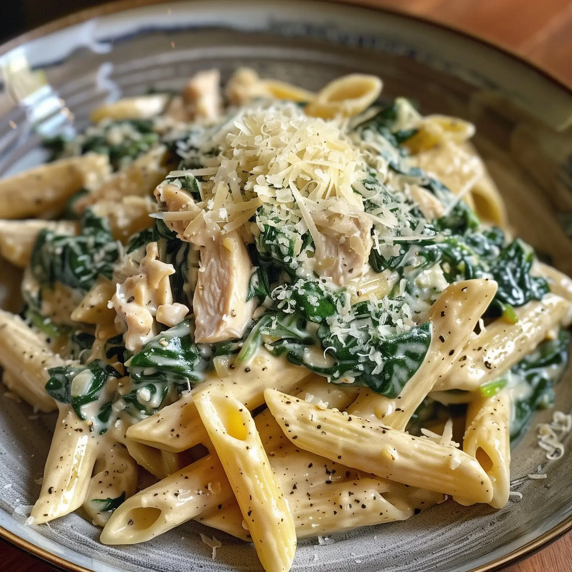Un délicieux mélange de pâtes crémeuses avec épinards et poulet, recouvert de fromage râpé.