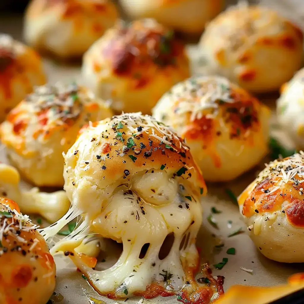 Bouchées au fromage fondant dorées et garnies d'herbes sortant du four.