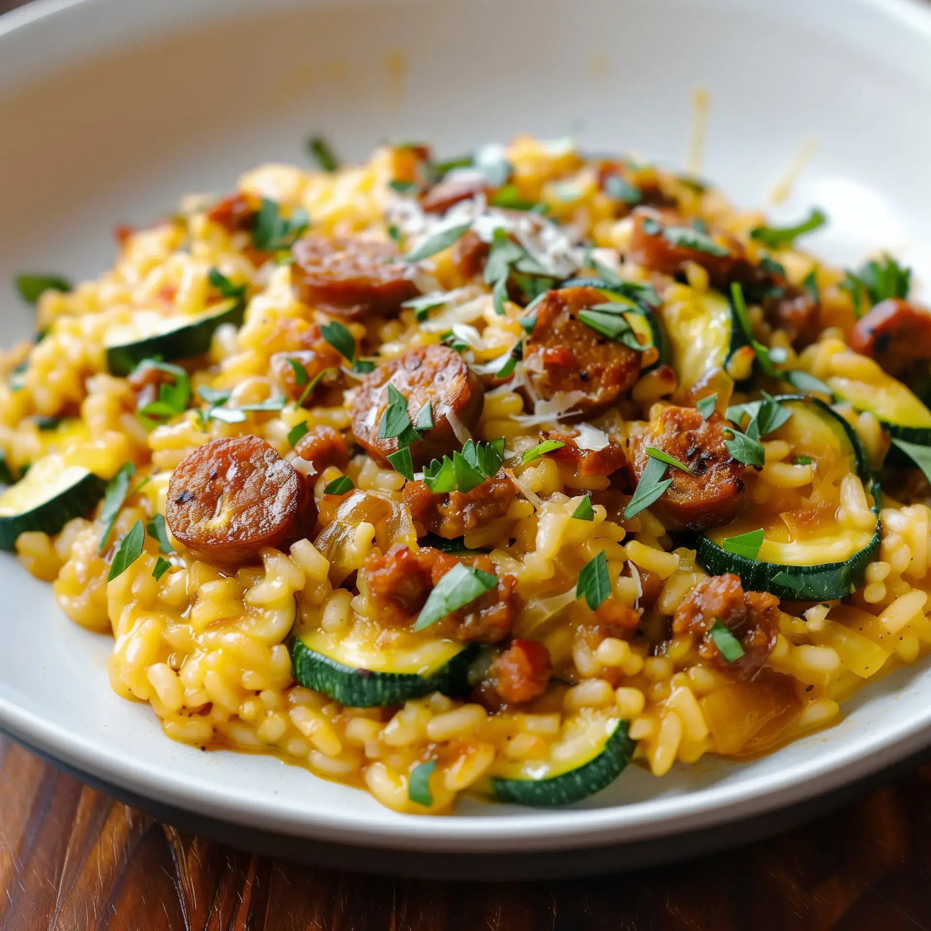 Un délicieux risotto aux courgettes, chorizo et parmesan pour les amateurs de plats réconfortants.