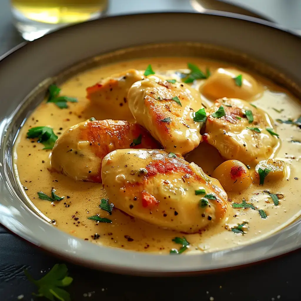 Un plat de poulet doré accompagné d'une sauce crémeuse et de garnitures savoureuses.
