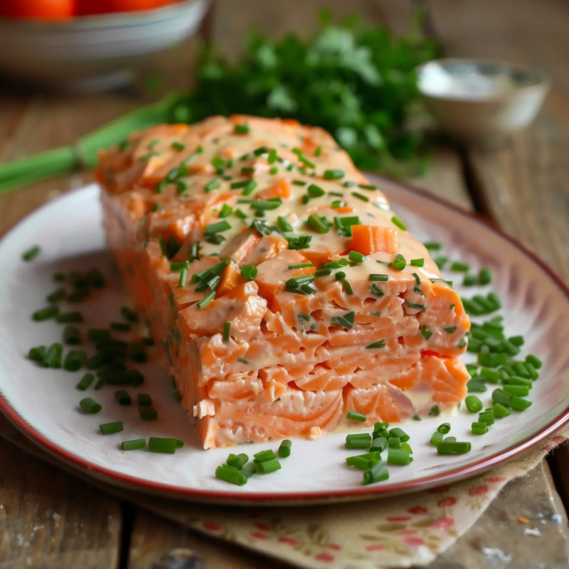 Une terrine de saumon garnie de ciboulette, servie sur une assiette accompagnée de légumes croquants.