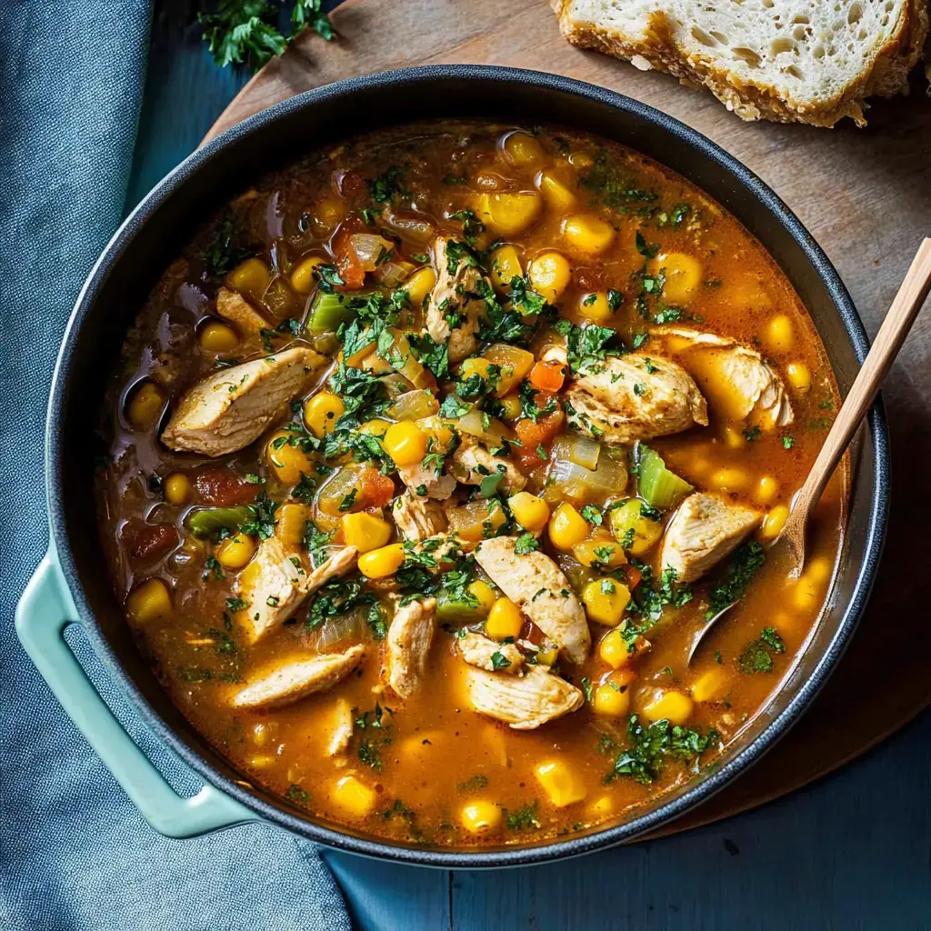 Un bol de chili blanc au poulet avec des légumes colorés et un pain croustillant posé à côté.