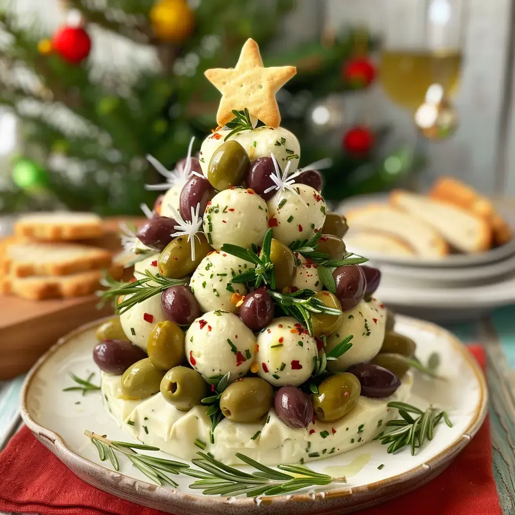 Un sapin de Noël composé de fromage, d'olives et herbes décoratives surmonté d'une petite étoile en biscuit.