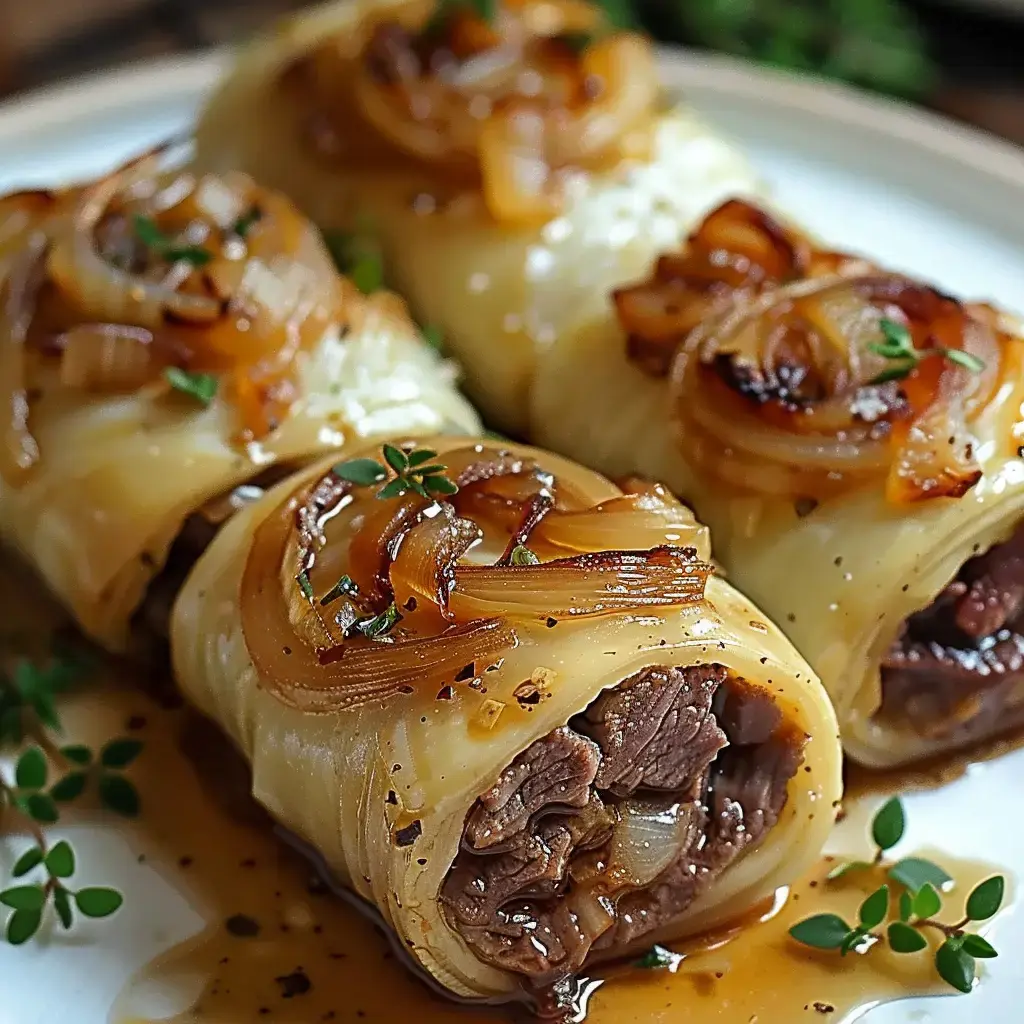Délicieux roulés de bœuf garnis de fromage et d’oignons caramélisés, joliment dressés sur une assiette.