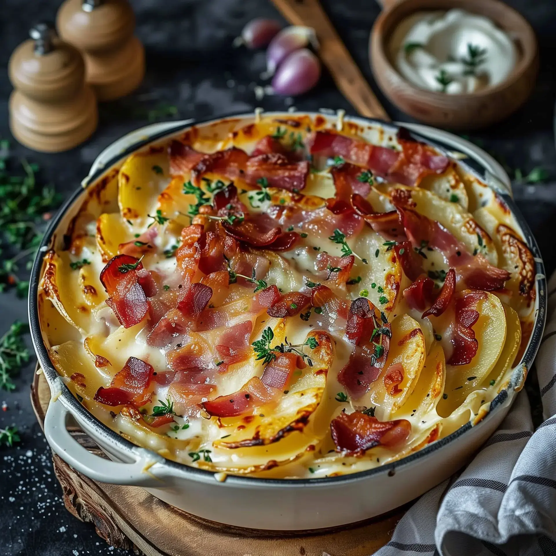 Gratin doré de pommes de terre avec lardons et fromage, servi dans un plat en terre cuite.