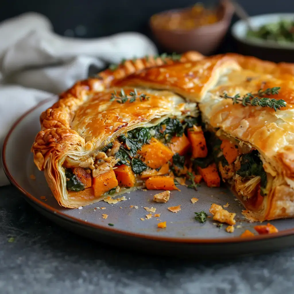 Tourte feuilletée farcie avec courge, épinards et herbes, tranchée pour dévoiler une garniture appétissante.