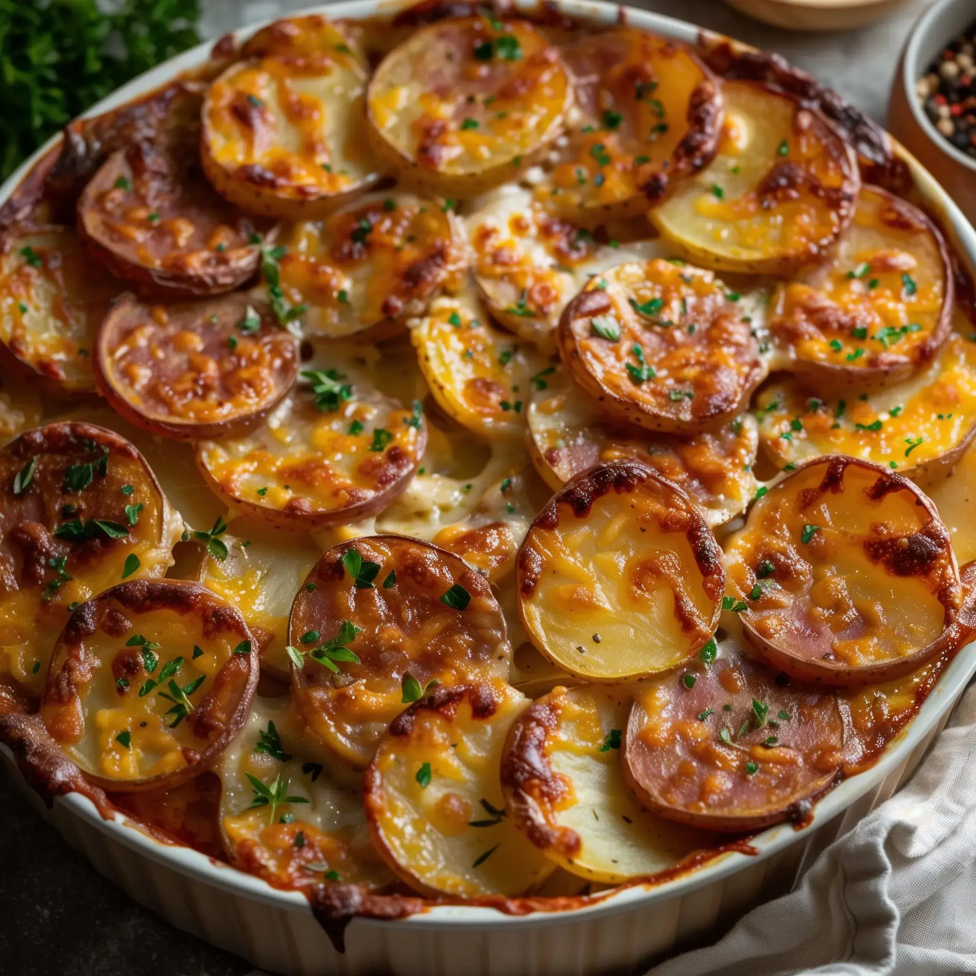 Généreux gratin avec croûte dorée, pommes fondantes et saucisse, présenté dans un plat rond.
