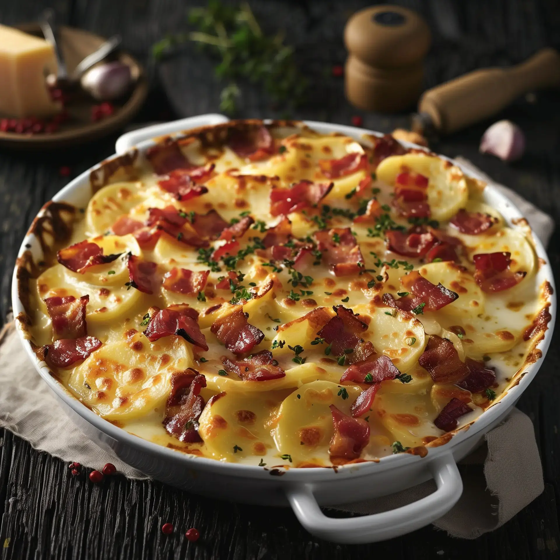 Pommes de terre gratinées avec fromage et lardons, servies dans un plat blanc.