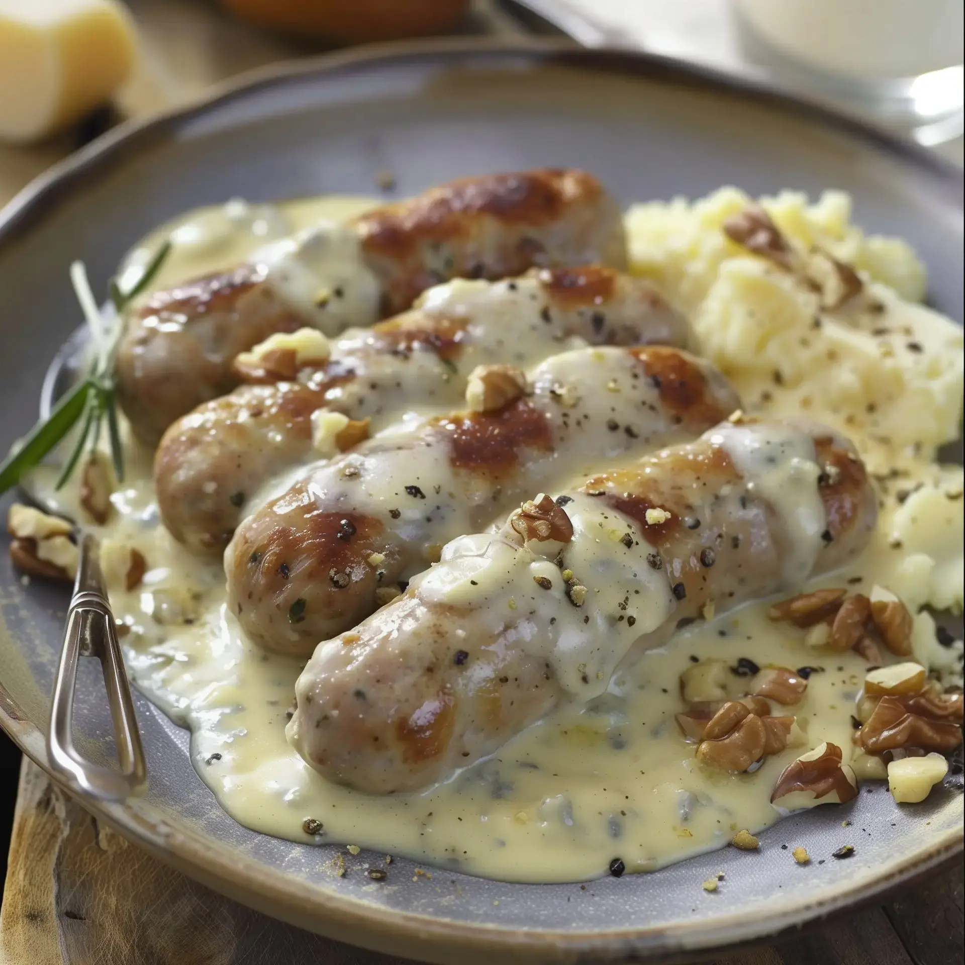 Quatre boudins nappés de sauce onctueuse avec purée et noix en garniture.