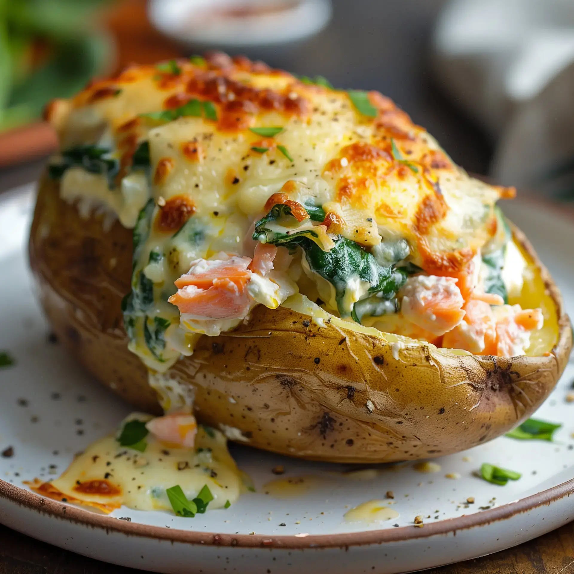 Pommes de terre garnies de saumon et épinards, gratinées avec du fromage, servies dans une assiette.