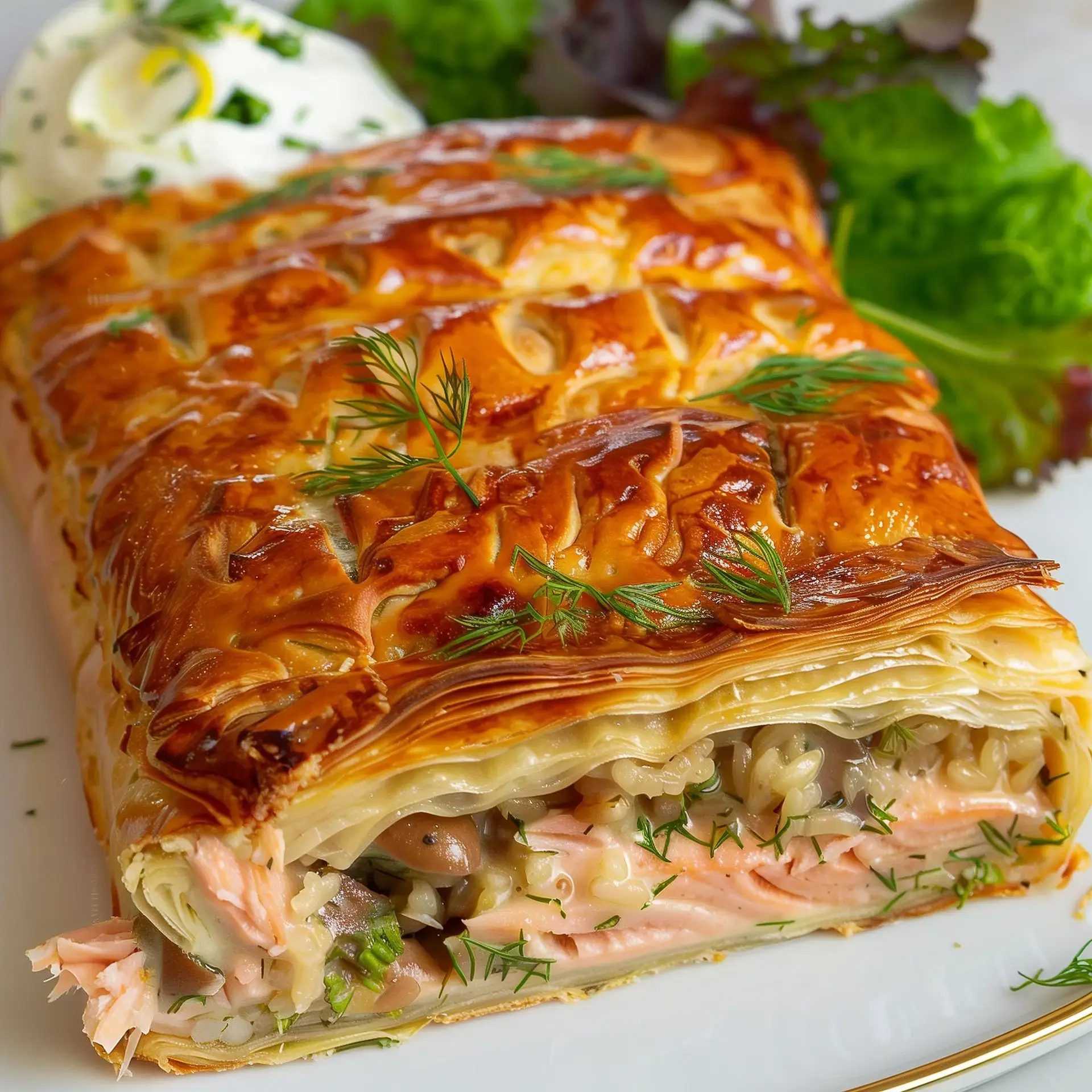 Un koulibiac doré rempli de saumon, d'herbes et de riz, servi avec une salade et de la crème.