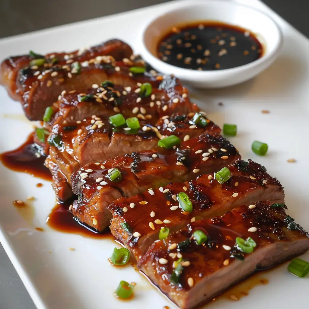 Tranches de viande marinée, parsemées de graines de sésame et d'oignons verts, accompagnées d'une sauce foncée.
