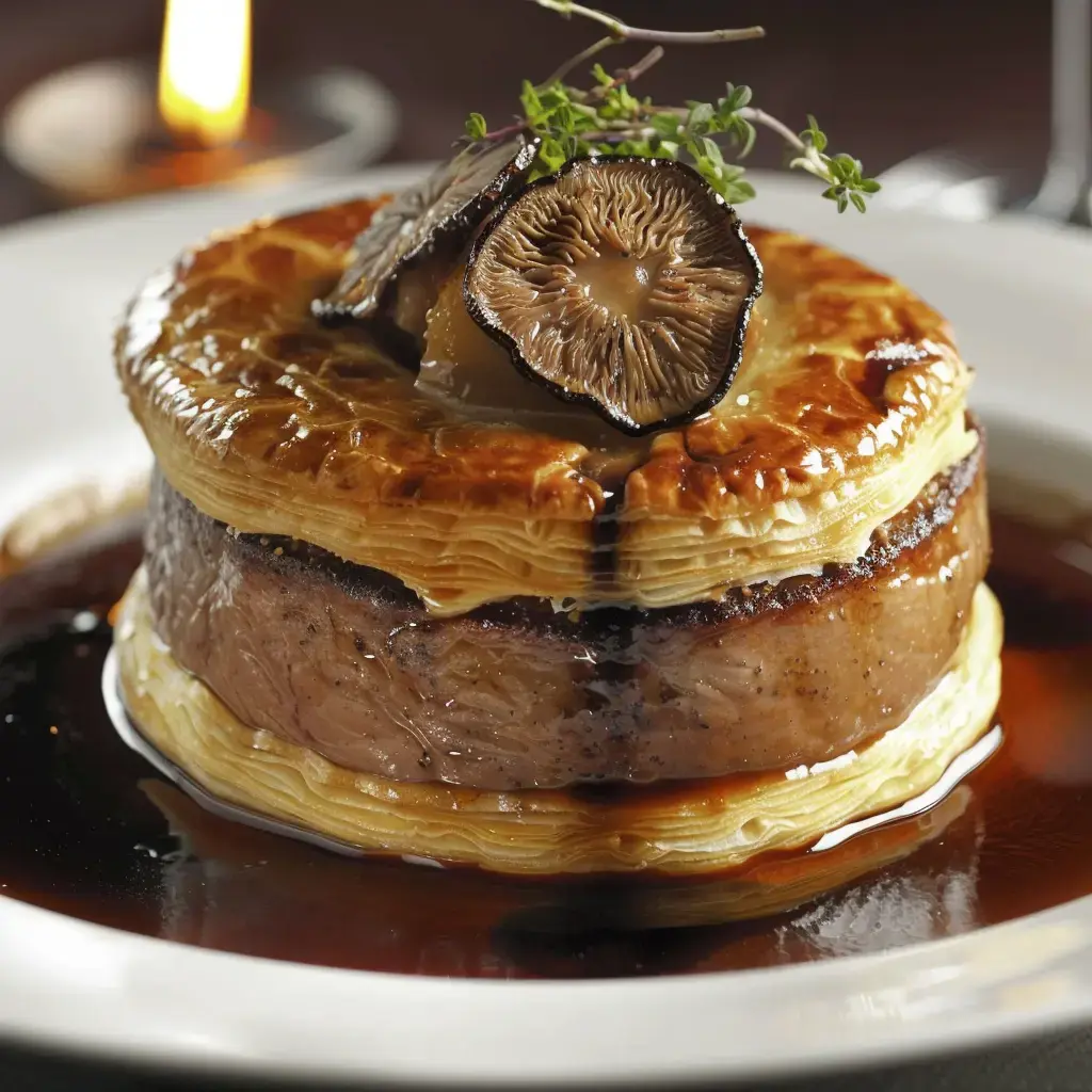 Un met élégant composé de pâte croustillante, viande savoureuse et champignons, avec une sauce savoureuse.