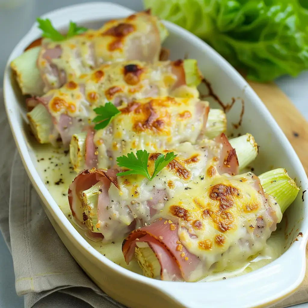 Endives roulées dans du jambon, gratinées avec du fromage accompagné de persil, servies dans un plat blanc.