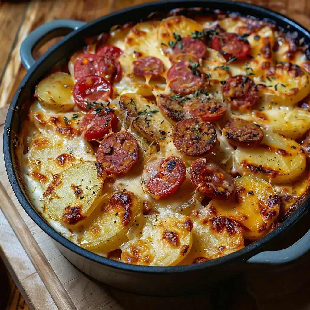 Un savoureux gratin de pommes de terre avec du chorizo et du fromage doré servi dans un plat rustique.