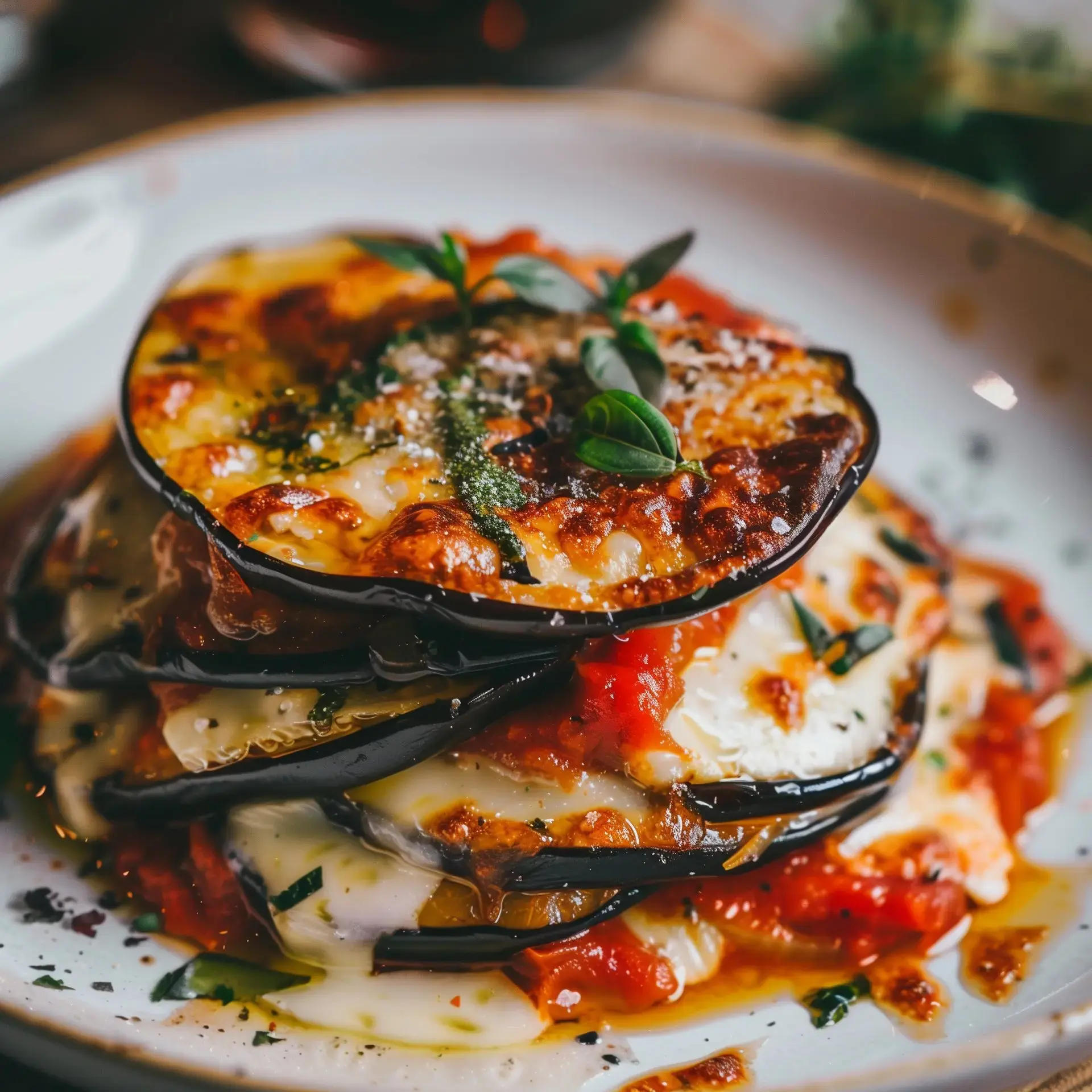 Plat italien avec aubergines, sauce tomate et fromage fondant, garni de basilic frais.