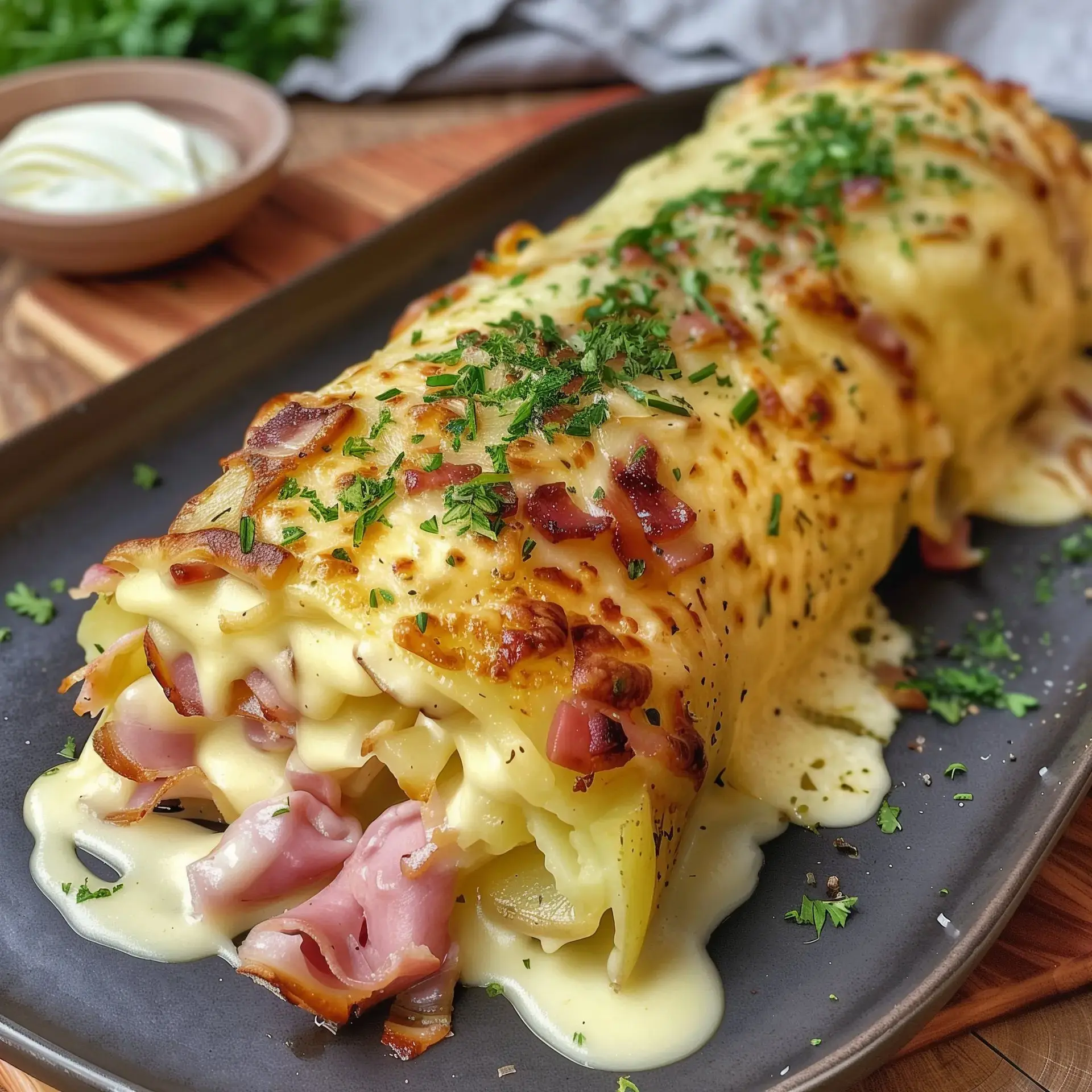 Un plat chaud de pommes de terre aux morceaux de jambon et fromage fondu, décoré de persil.