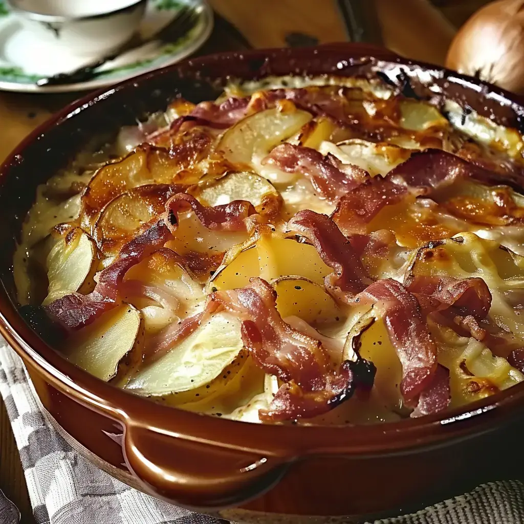 Pommes de terre gratinées avec bacon servies dans un plat rustique en céramique.