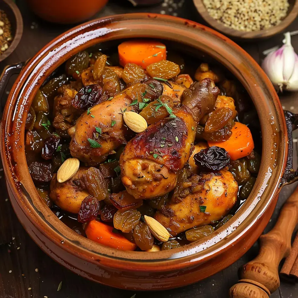 Poulet marocain avec abricots, raisins et amandes servi dans un plat traditionnel.