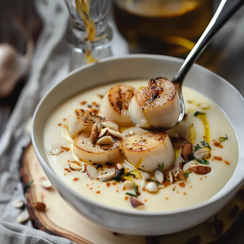 Bol de velouté crémeux avec noix de pétoncles grillées, garniture d'amandes et fines herbes.