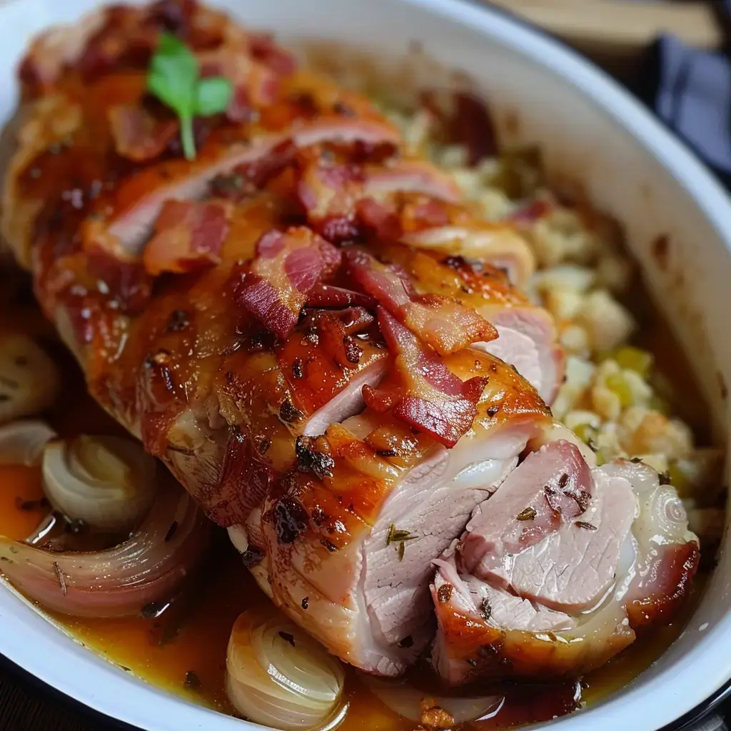 Porc rôti délicatement enroulé de lard, présenté avec des échalotes dorées et légumes colorés.
