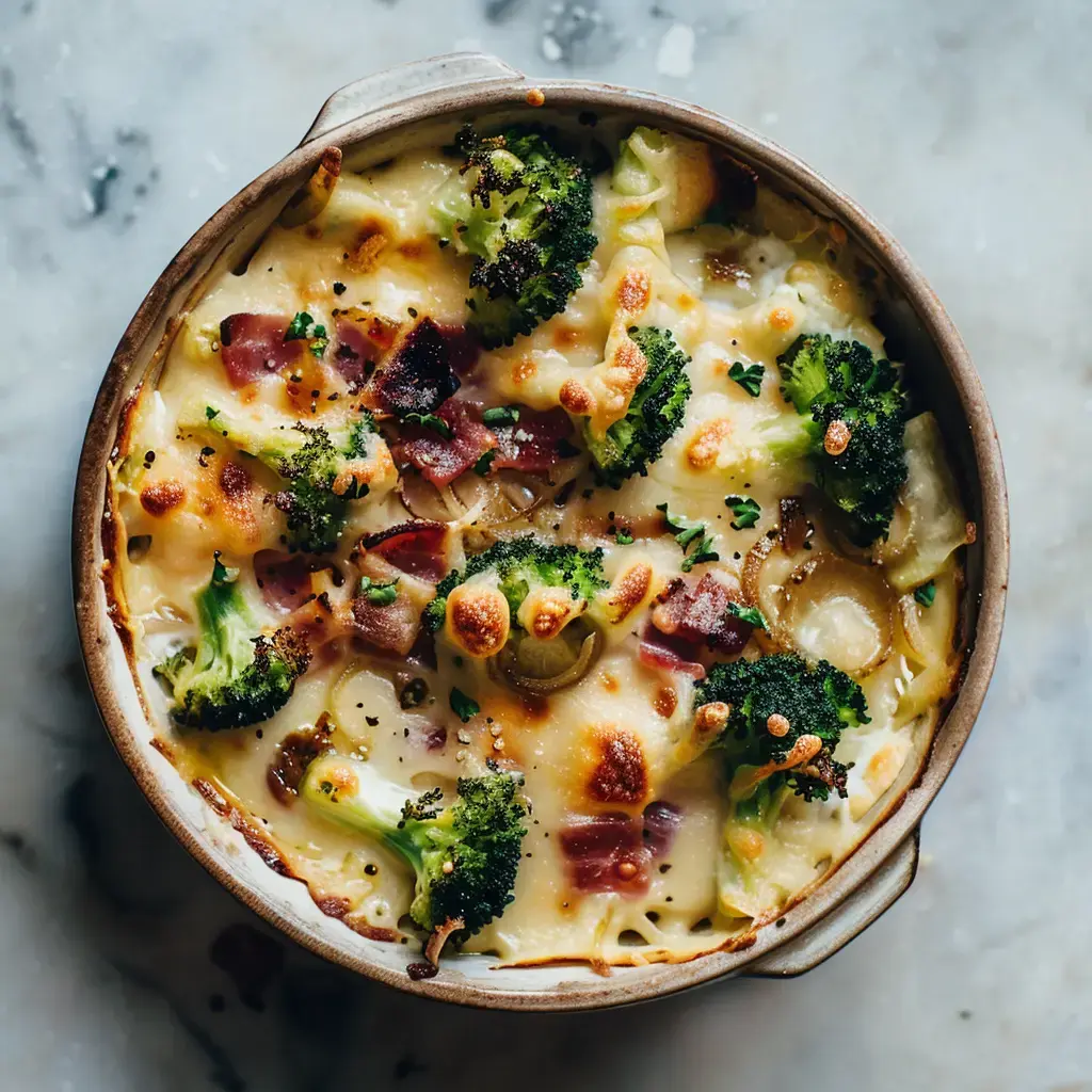 Un gratin chaud avec du fromage fondant, des brocolis verts et des morceaux de lard dans un plat en terre cuite.