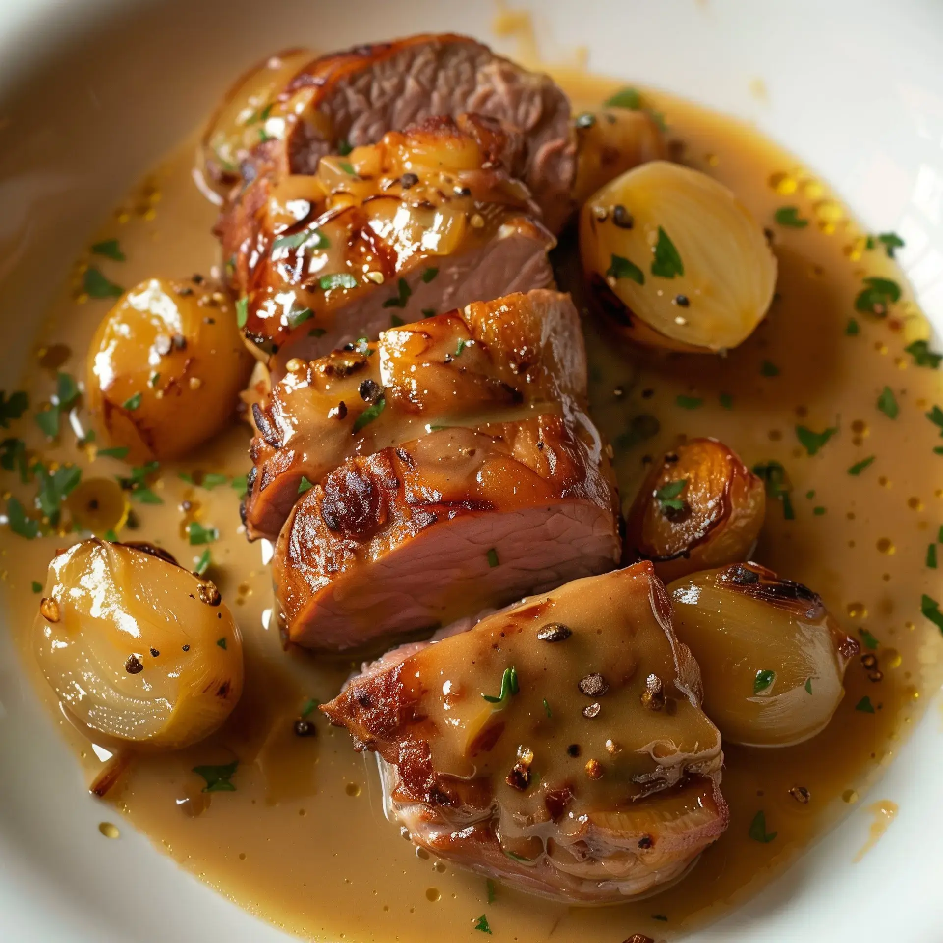 Plat gourmand avec viande fondante, oignons dorés et sauce parfumée.