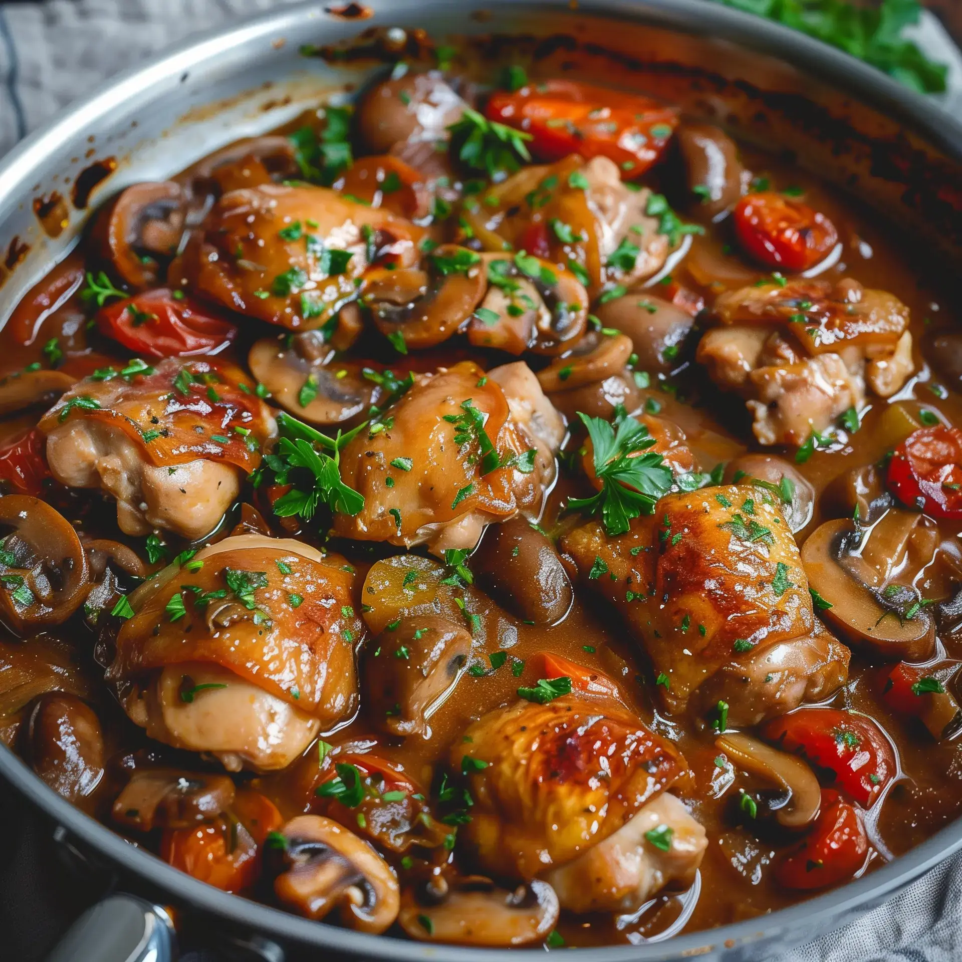 Délicieuses cuisses de poulet mijotées avec des champignons, tomates et herbes dans une sauce crémeuse.