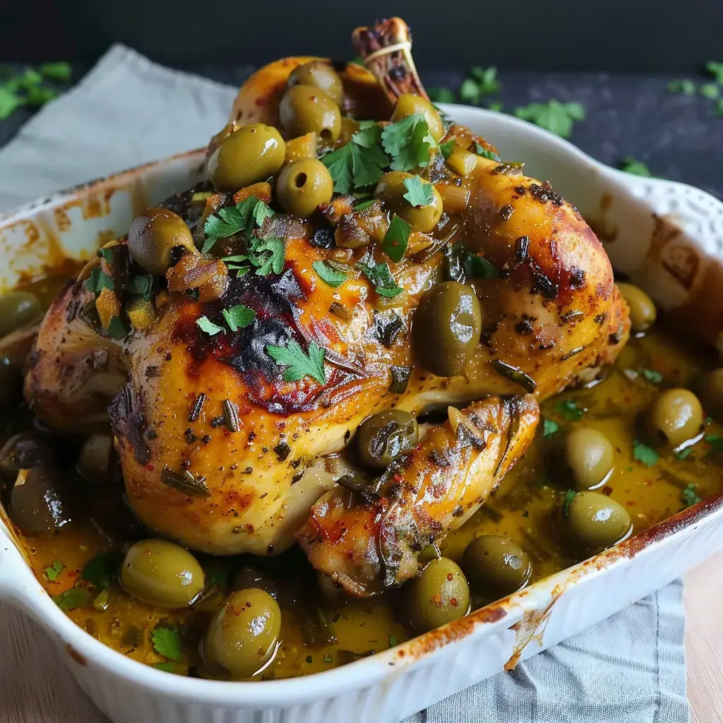 Poulet rôti marocain avec olives et coriandre dans un plat.
