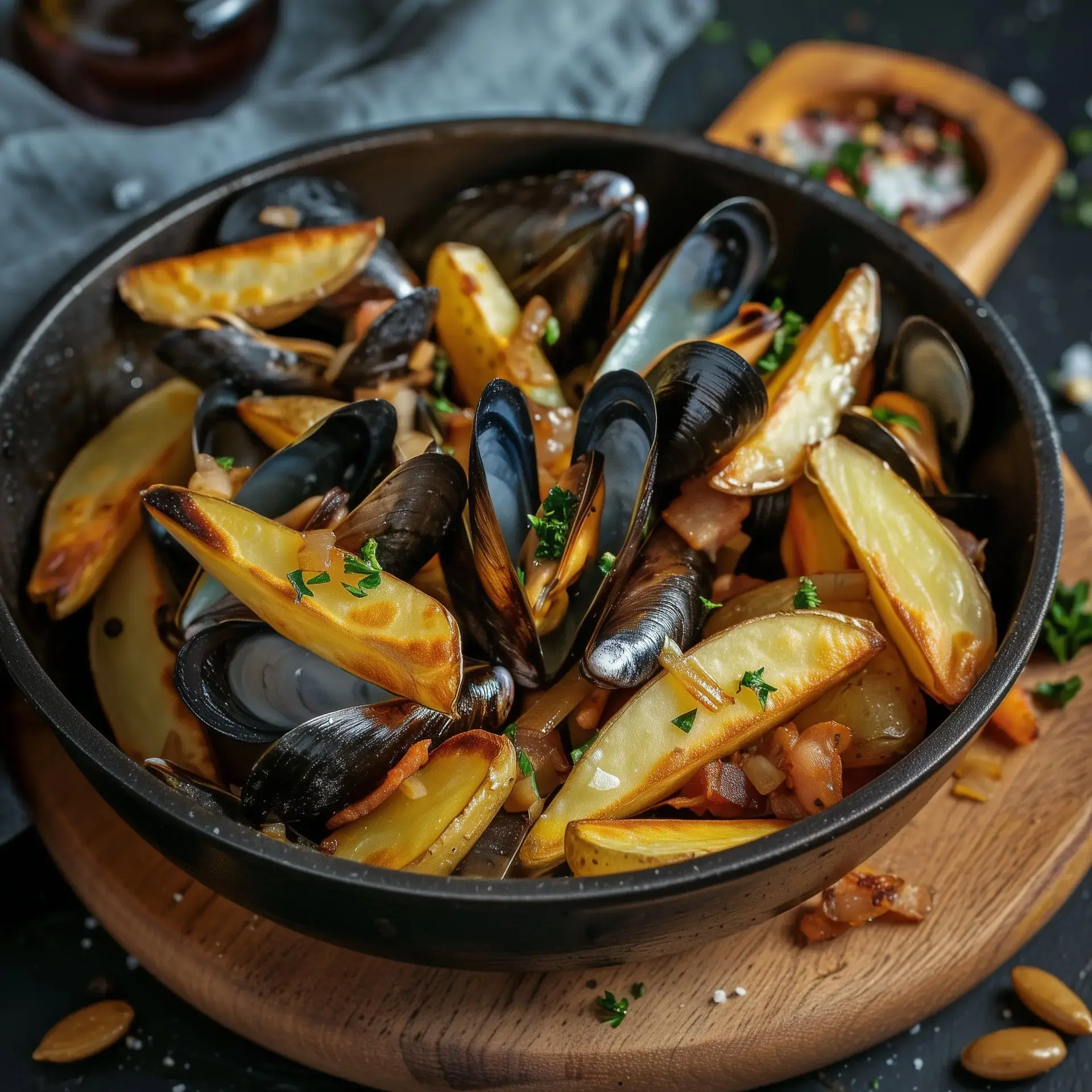 Un bol généreux de moules et frites dorées, avec une touche de persil frais, posé sur une planche en bois rustique.