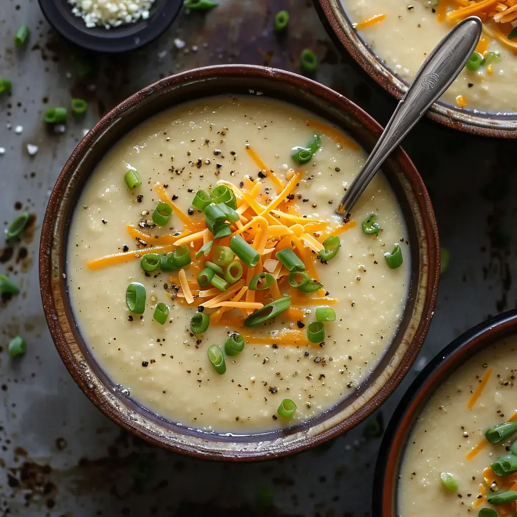 Bols de velouté au cheddar avec croûtons et oignons verts, sur une table métallique.