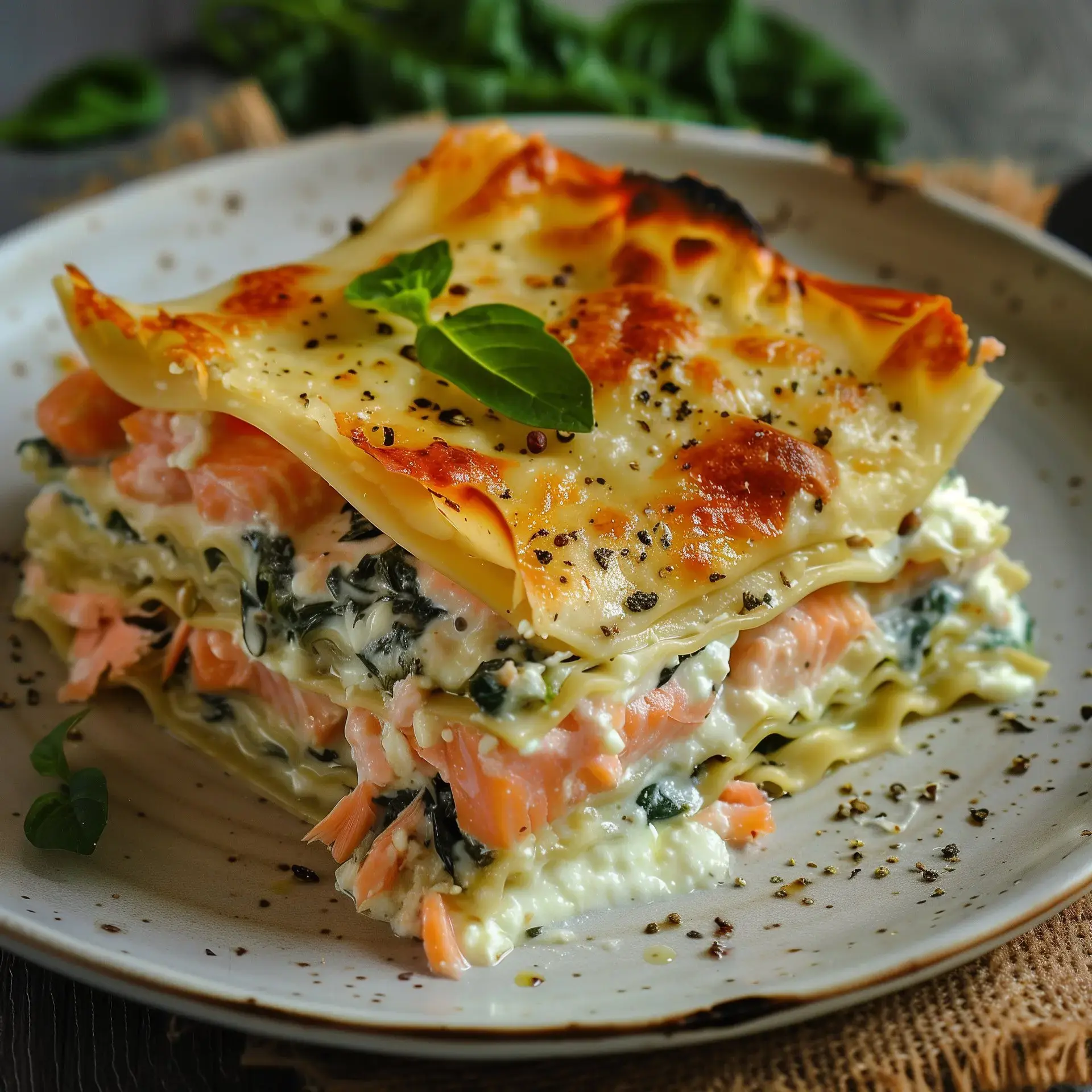 Lasagnes au saumon, fromage fondu et épinards frais, ornées de basilic.