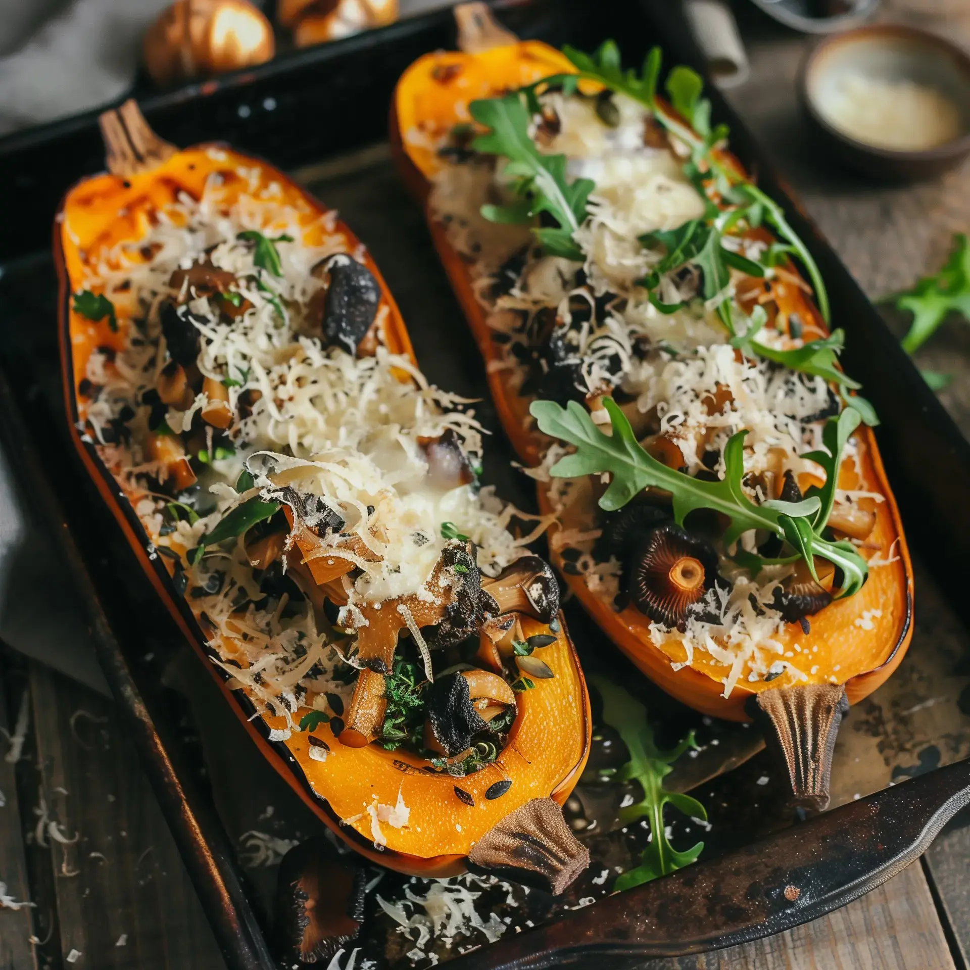 Deux moitiés de butternut rôties et garnies de champignons, d'épeautre et de fromage, servies dans un plat rustique.