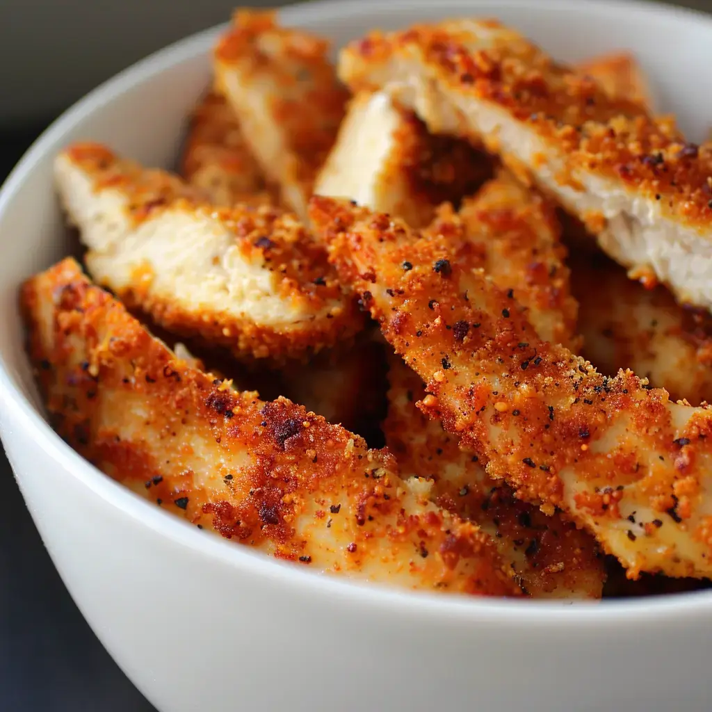 De délicieux morceaux de poulet panés bien dorés dans un plat blanc.