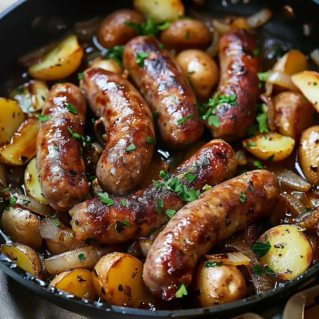 Saucisses grillées sur un lit de pommes de terre et oignons caramélisés, parsemées de persil frais.