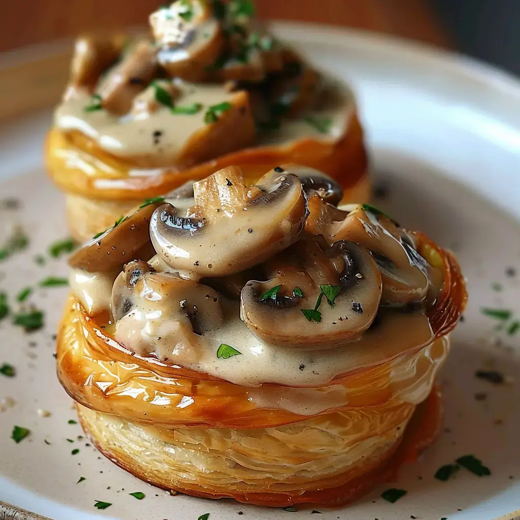 Deux feuilletés dorés avec champignons et sauce crémeuse, décorés de persil en feuilles.