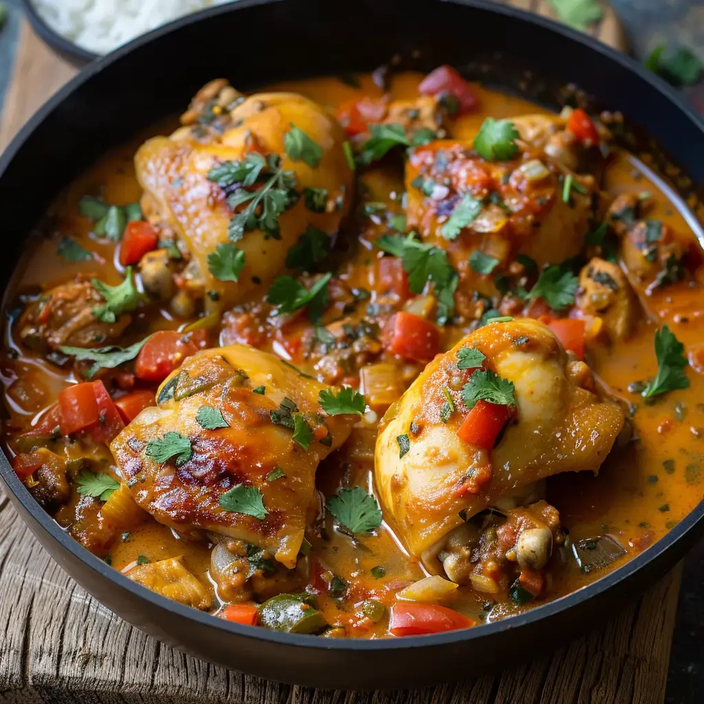 Un savoureux mijoté de poulet aux épices avec des légumes, servi dans une sauce crémeuse et parfumée.
