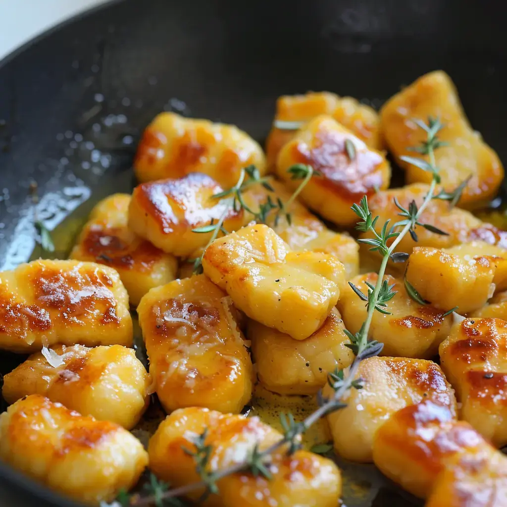 Gnocchis dorés et appétissants cuisinés avec des herbes dans une poêle.