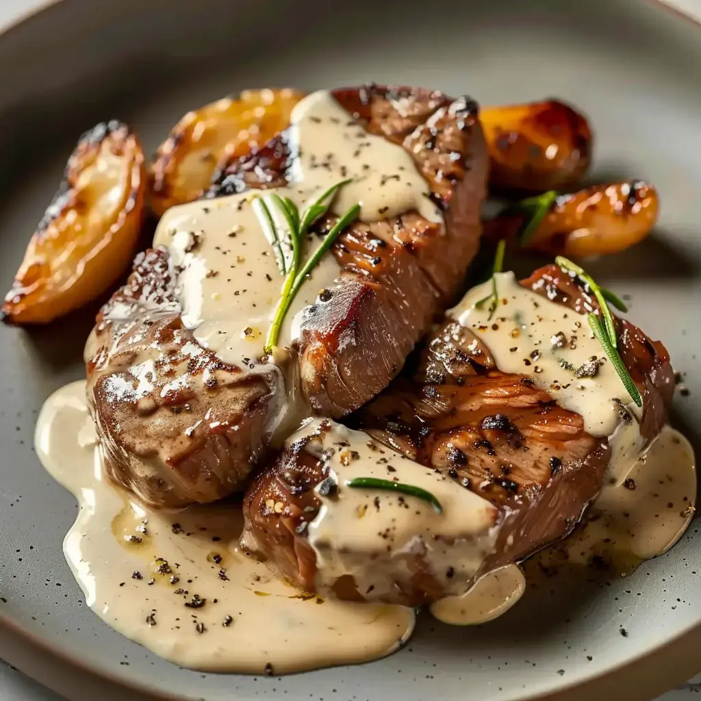 Deux tranches de bœuf nappées de sauce crémeuse, accompagnées de citrons rôtis sur une assiette.